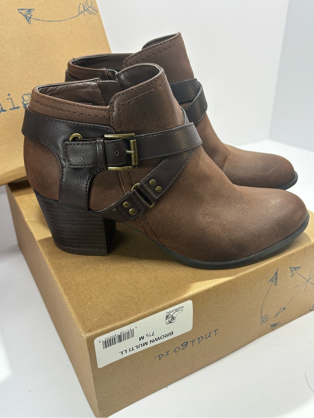 Indigo Brown Ankle Booties with Buckle Strap